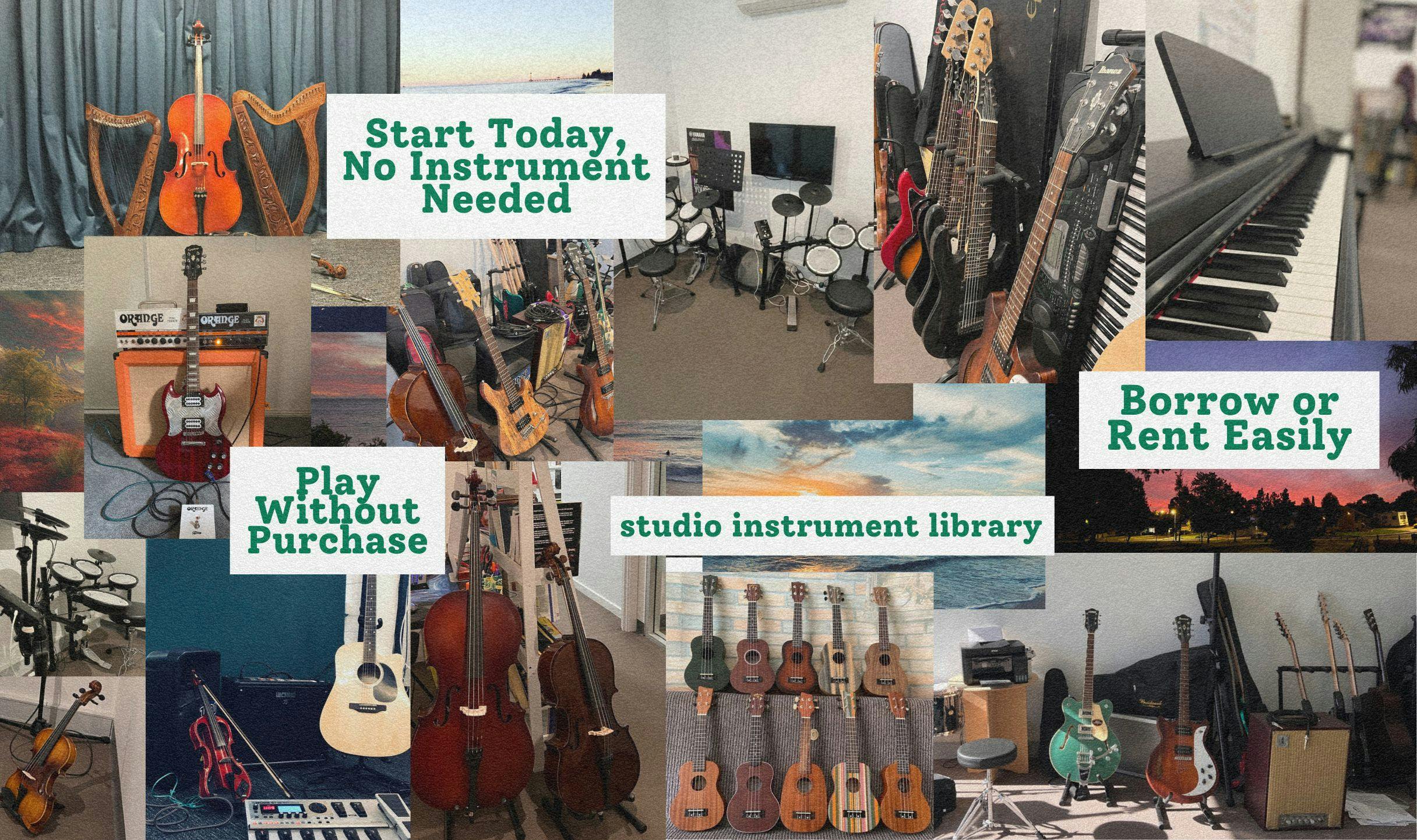 A collage of Music Eternal's Instrument Collection